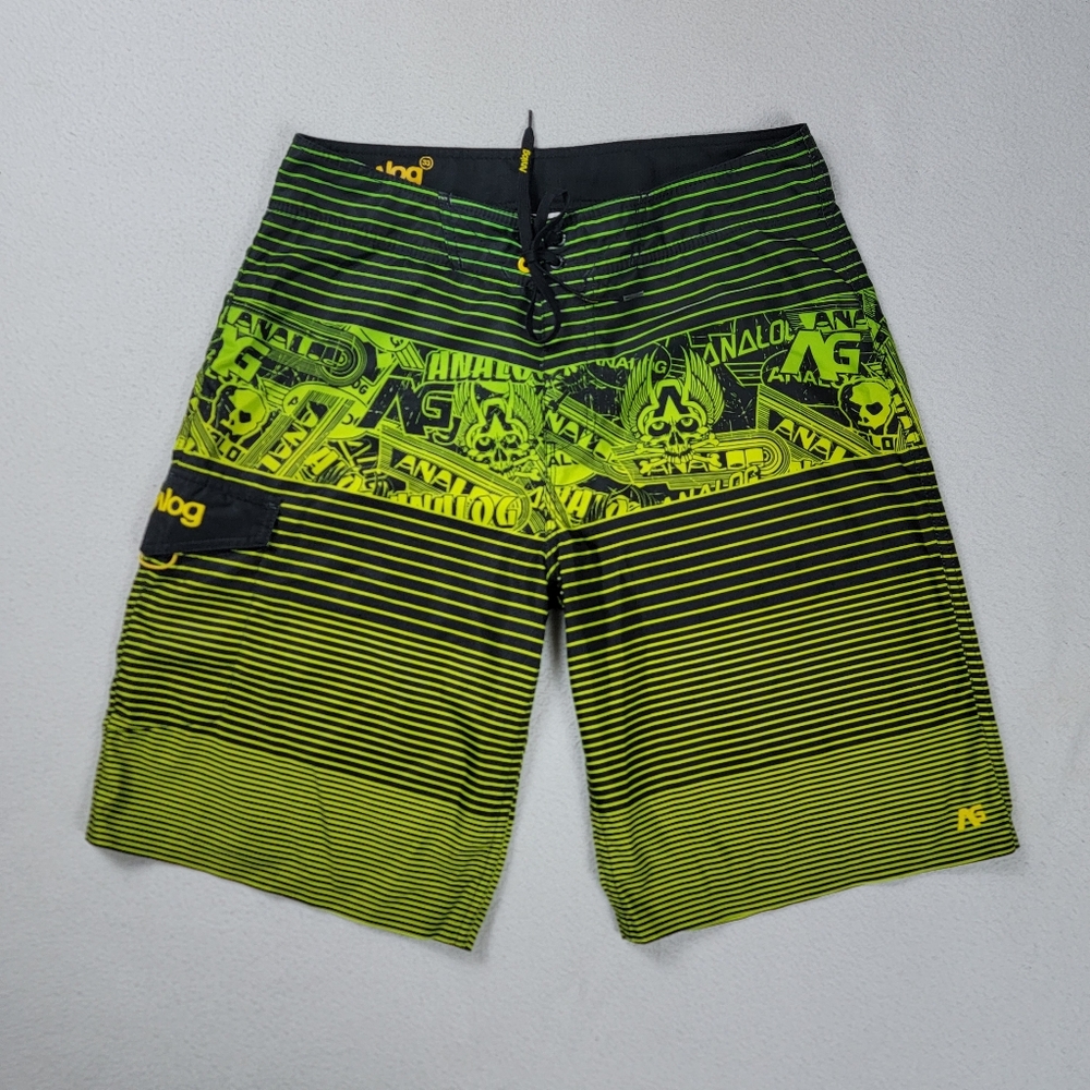 Analog AG Burton Board Shorts Swim Trunks Men's 30 Green Striped Surf Skulls
